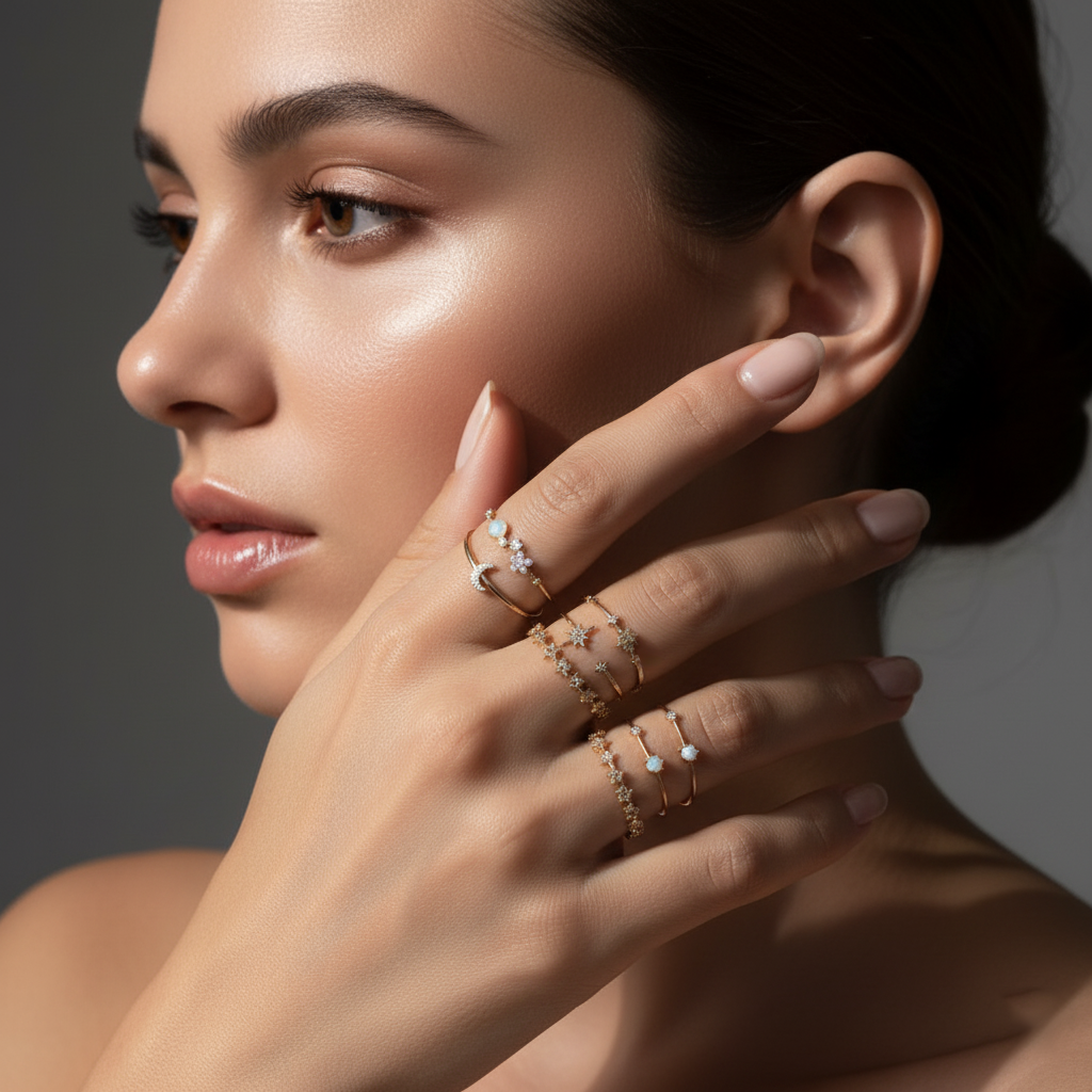 Set of 9 Fancy Gold-Plated Finger Rings