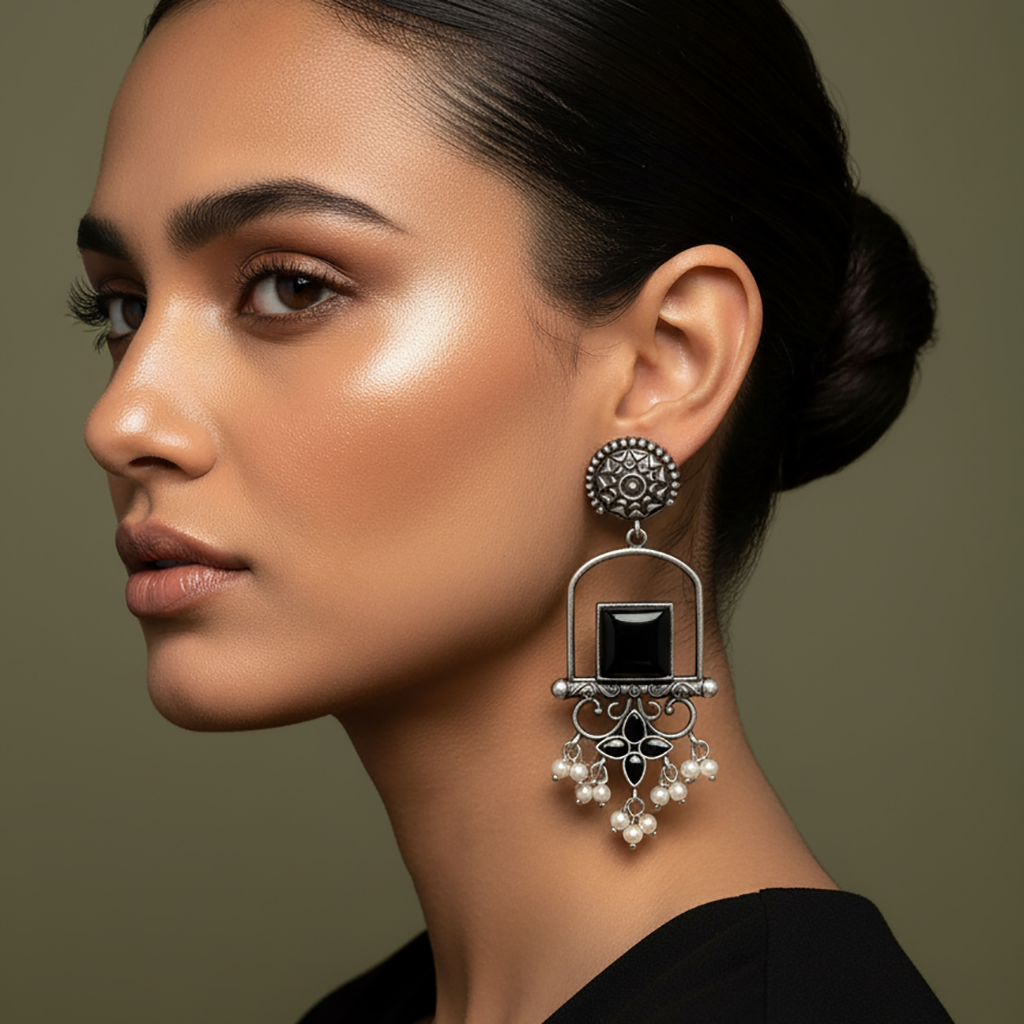 Silver Oxidized Peacock Dangler Earrings