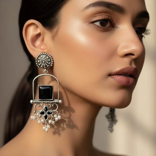 Silver Oxidized Peacock Dangler Earrings
