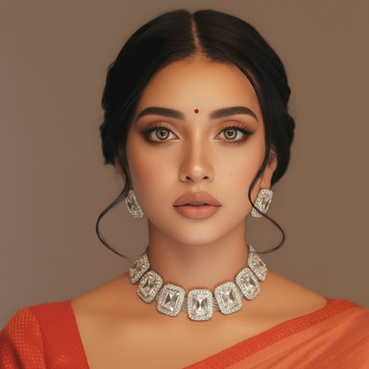 Square American Diamond Necklace Set with Earrings