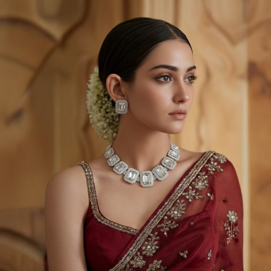 Square American Diamond Necklace Set with Earrings